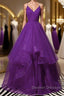 Shiny V Neck Purple Long Prom Dress, Long Purple Formal Evening Dress, Purple Ball Gown