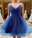 Shiny V Neck Short Blue Green White Prom Dress, Shiny Short V Neck Formal Homecoming Dress