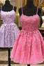 Short A Line Thin Straps Purple/Hot Pink Lace Prom Dress, Purple/Hot Pink Lace Homecoming Dress, Lilac/Hot Pink Short Formal Dress