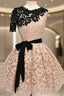 Short Black Champagne Lace Prom Dress, Short Black Champagne Lace Graduation Homecoming Dress