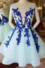 Short Blue Lace Tulle Prom Dress, Short Blue Lace Homecoming Graduation Dress