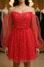 Short Red Long Sleeves Tulle Prom Dress, Short Red Long Sleeves Formal Homecoming Dress