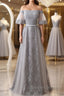 Short Sleeves Grey Lace Long Prom Dress, Short Sleeves Gray Lace Long Formal Evening Dress