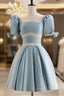 Short Sleeves Short Blue Prom Dress, Short Blue Formal Homecoming Dress