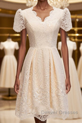 Short Sleeves Short Champagne Lace Prom Dress, Short Champagne Lace Formal Wedding Dress