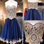 Short Sweetheart Sleeveless Lace Rhinestone Beads Royal Blue Appliques Open Back Chiffon Homecoming Dress