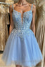 Short V Neck Blue Lace Prom Dress, V Neck Short Blue Lace Formal Homecoming Dress