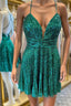 Short V Neck Green Sequins Prom Dress, V Neck Green Sequins Formal Homecoming Dress