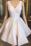 Short V Neck Light Pink Satin Prom Dress, Short V Neck Pink Formal Graduation Dress