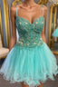 Short V Neck Mint Green Lace Prom Dress, Short Mint Green Lace Formal Homecoming Dress