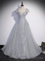 Silver Gray Tulle Appliques Beading Prom Dress