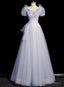 Silver Gray Tulle V-neck Short Sleeve Prom Dress