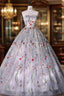Silver Grey Strapless Ball Gown Prom Dress Floral Floor Length Quinceanera Dress