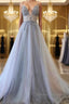 Silver Grey V Neck Floor Length Long Beaded Prom Dress, Grey Long Beaded Formal Evening Dress