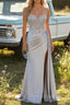 Silver Mermaid Pleated Sheer Long Corset Satin Prom Dress With Slit