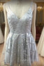 Silver Sequin Lace V Neck Tulle Homecoming Dress Short Prom Gowns