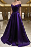 Simple A Line Off The Shoulder Purple Satin Long Prom Dress