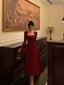 Simple A Line Square Neckline Long Sleeves Red Prom Dress Birthday Dress