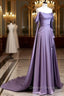 Simple A Line Strapless Sleeveless Satin Lilac Prom Dress Long Prom Dress