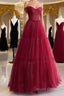 Simple A-Line Tulle Burgundy Long Prom Dress
