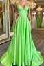 Simple A Line V Neck Green Satin Long Prom Dress, V Neck Green Formal Graduation Evening Dress