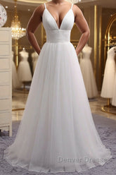 Simple A Line V Neck White Wedding Dress, V Neck White Tulle Prom Formal Dress
