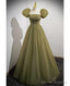 Simple And Minimalist Clover Green Square Neckline Fluffy Short Sleeved Sequin Ball Dress In Clover A-Line Princess Backless And Ground Length Evening Dress