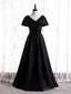 Simple Black Satin V-neck Pleats Prom Dress