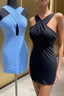 Simple Blue Tight Cross Front Short Cocktail Dress