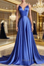 Simple blue v neck satin long prom Dress blue evening Dress