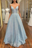 Simple Blue V Neck Sequin Long Prom Dress,A Line Blue Evening Dress
