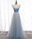 Simple Blue V Neck Tulle Long Prom Dress, Blue Formal Party Dresses