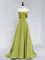 Simple Green Satin Off the Shoulder Pleats Prom Dress