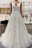 Simple Long A-line Tulle Lace V Neck Appliques Lace Open Back Wedding Dress