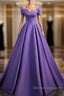 Simple Off Shoulder Satin Purple Long Prom Dress Court Train Dress Evening Dress