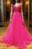Simple pink v neck tulle long prom Dress pink formal Dress