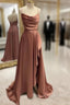 Simple Prom Dress, A-line Bateau Spaghetti Straps Long/Floor-Length Satin Prom Dress With Pleated Split