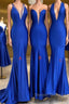 Simple Royal blue v neck mermaid long prom Dress blue evening Dress