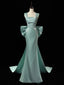 Simple Satin Green Long Prom Dress, Green Long Formal Dress With Bow Tie