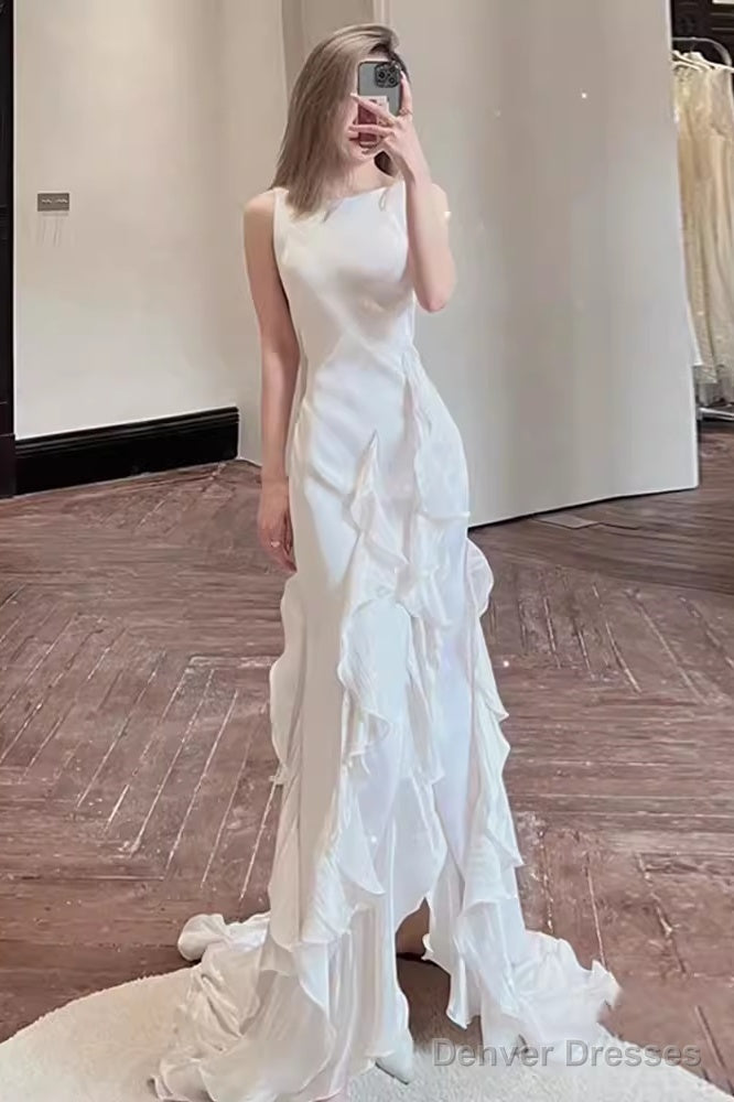 Simple Sheath Long White Prom Dresses – Denver Dresses