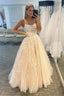 Simple Spaghetti Straps A-Line Lace Appliques Tulle Long Prom Dress