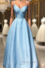 Simple sweetheart blue satin long prom Dress, blue evening Dress
