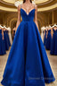 Simple V Neck Backless Royal Blue Satin Long Prom Dress, Royal Blue Backless Formal Dress, Royal Blue Evening Dress, Ball Gown