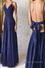 Simple v neck blue long prom Dress, blue evening Dress