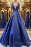 Simple V Neck Blue Satin Long Prom Dress, V Neck Blue Formal Dress, Cheap Blue Evening Dress