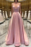 Simple v neck pink satin long prom Dress pink formal Dress