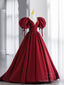 Simple V Neck Puffy Sleeves Satin Long Prom Dress, Satin Evening Dress