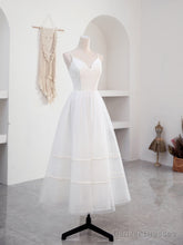 Simple V Neck Tulle Tea Length White Prom Dress, White Bridesmaid Dress