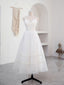 Simple V Neck Tulle Tea Length White Prom Dress, White Bridesmaid Dress