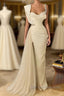 Simple White Long Mermaid Spaghetti Straps Beading Tulle Prom Dress With Slit